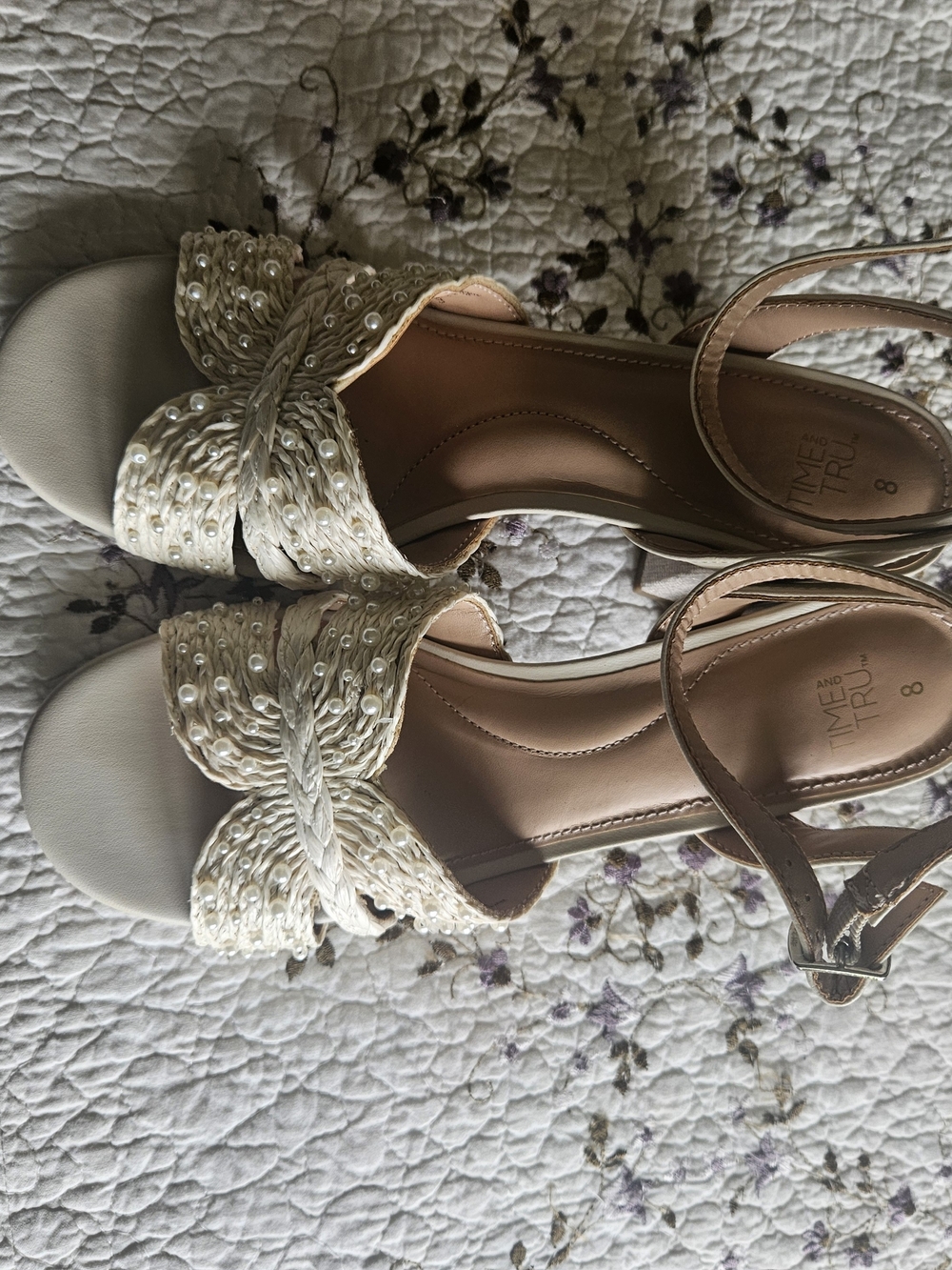 Time and Tru Cream Braided Pearl Bow Ankle Strap Sandals - Women's
